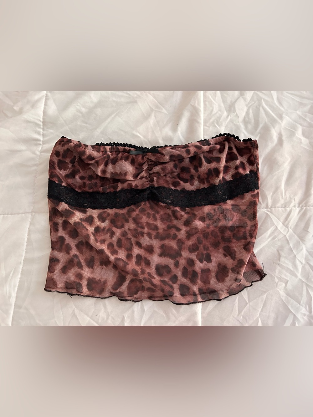 SHEIN Leopard Print Sheer Strapless Top with Black Lace, Size S